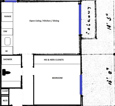 Floor plan for 1 bed, 1 bath, 535 sqft